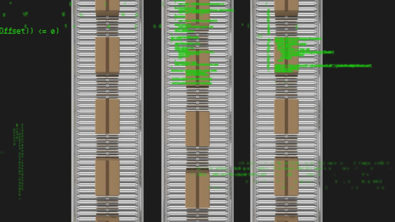 procesamiento de datos frente a la vista aérea de múltiples cajas de entrega en la cinta transportadora
