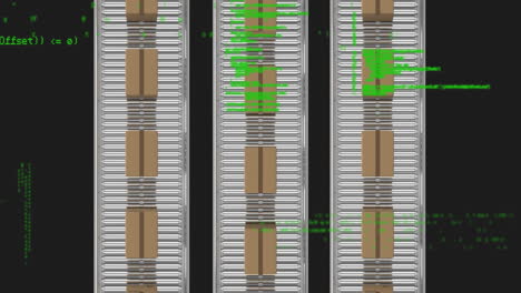 data processing against overhead view of multiple delivery boxes on conveyor belt