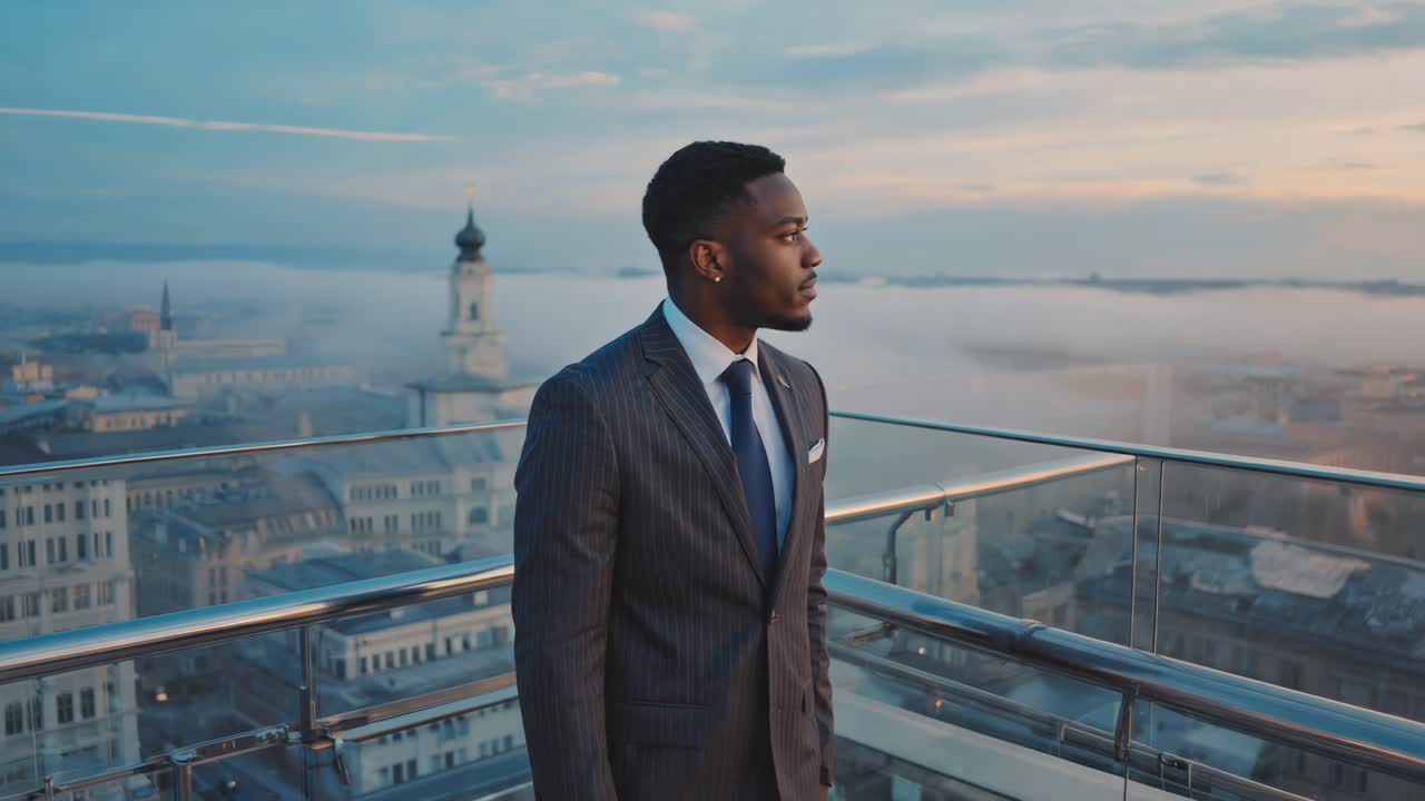Successful businessman overlooking cityscape from rooftop