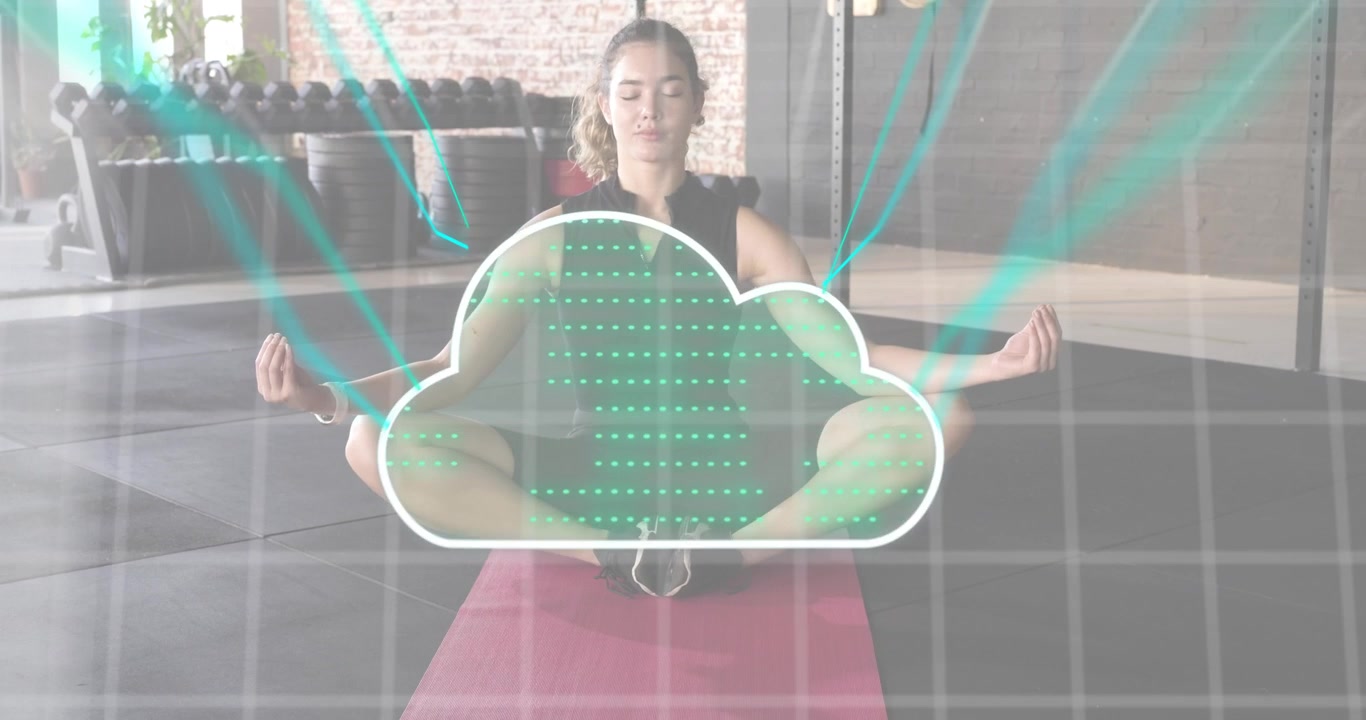 woman closing eyes resting hands initiating interface overlay animating cloud data for health tech