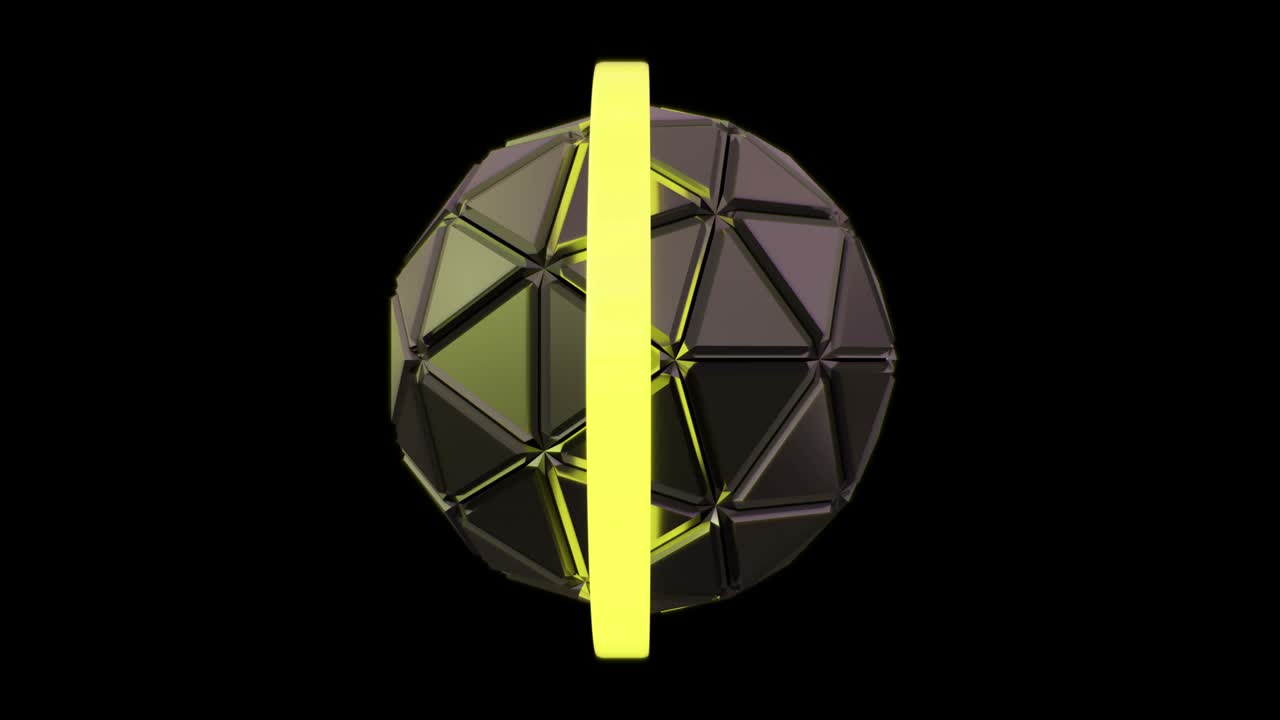 giro de una bola geométrica futurista construida a partir de triángulos con canal alfa. órbita de neón moviéndose alrededor de la esfera. patrón sin costuras.