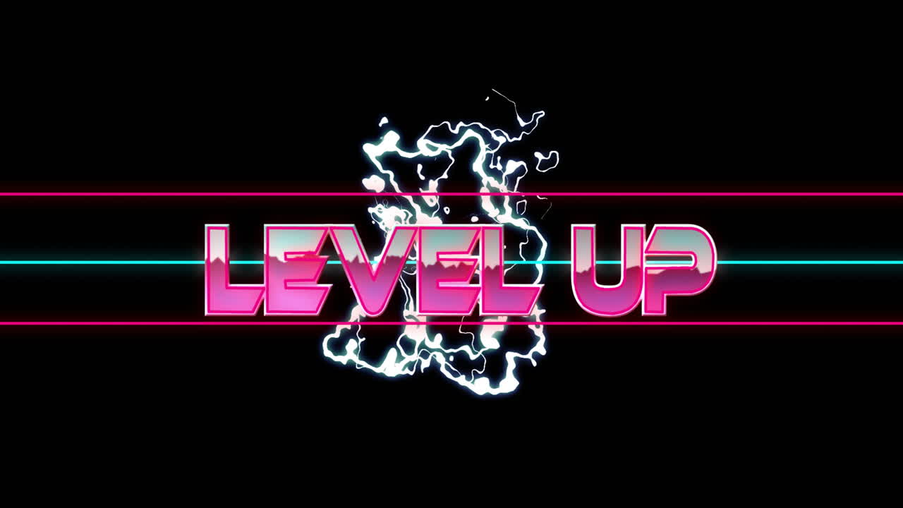 Level up text animation over electric energy pattern on black background