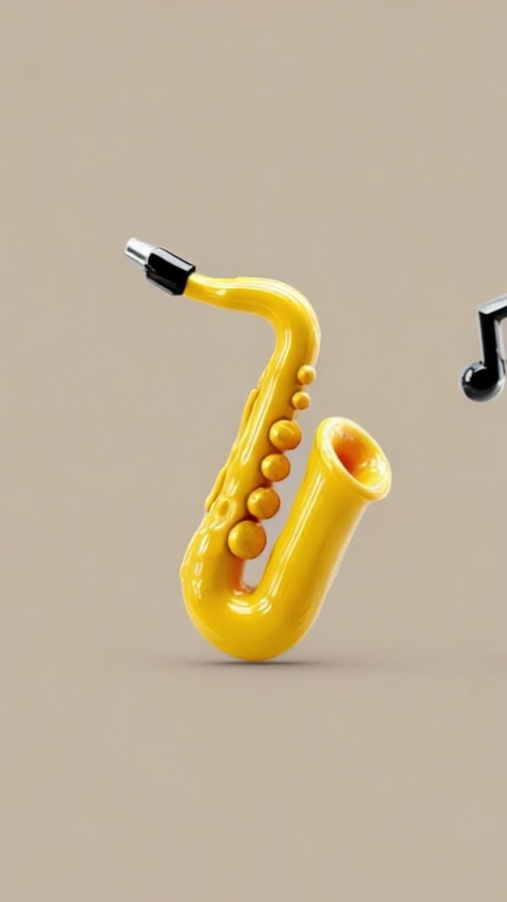 Saksofon Kuning Cerah yang Dihiasi Not Musik, Menangkap Esensi Jazz dan Ekspresi Melodi dalam Latar Belakang Minimalis