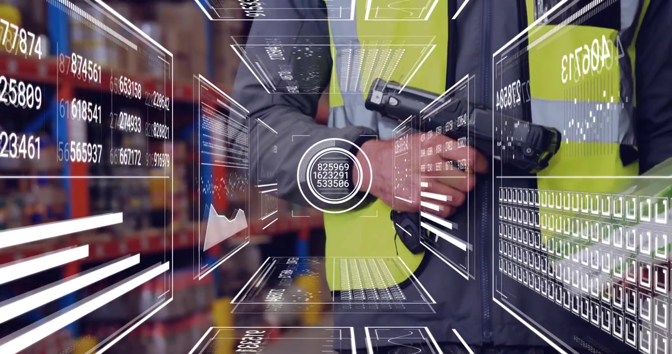 Mandlig lagerarbejder scanner hyldemærker, retter scanneren, aktiverer HUD og opdaterer lagerbeholdningen.