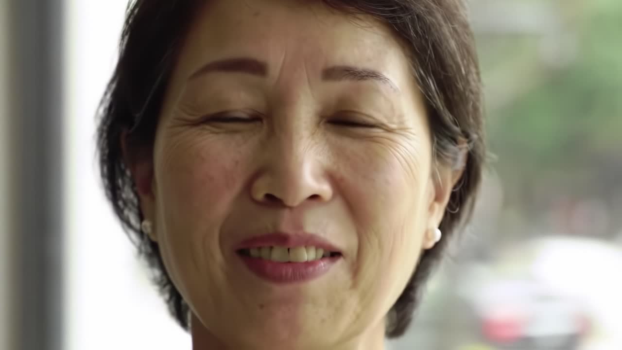 A Heartwarming Smile: Capturing the Joy and Warmth in a Woman's Expression During a Bright Moment of Reflection and Connection