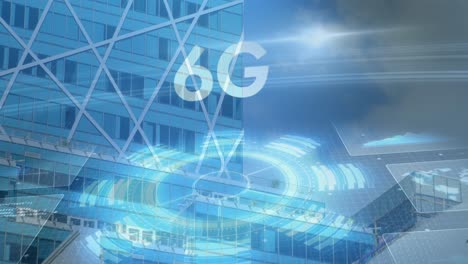 Animation-of-6g-text-with-interface-and-modern-building-on-blue-sky-background