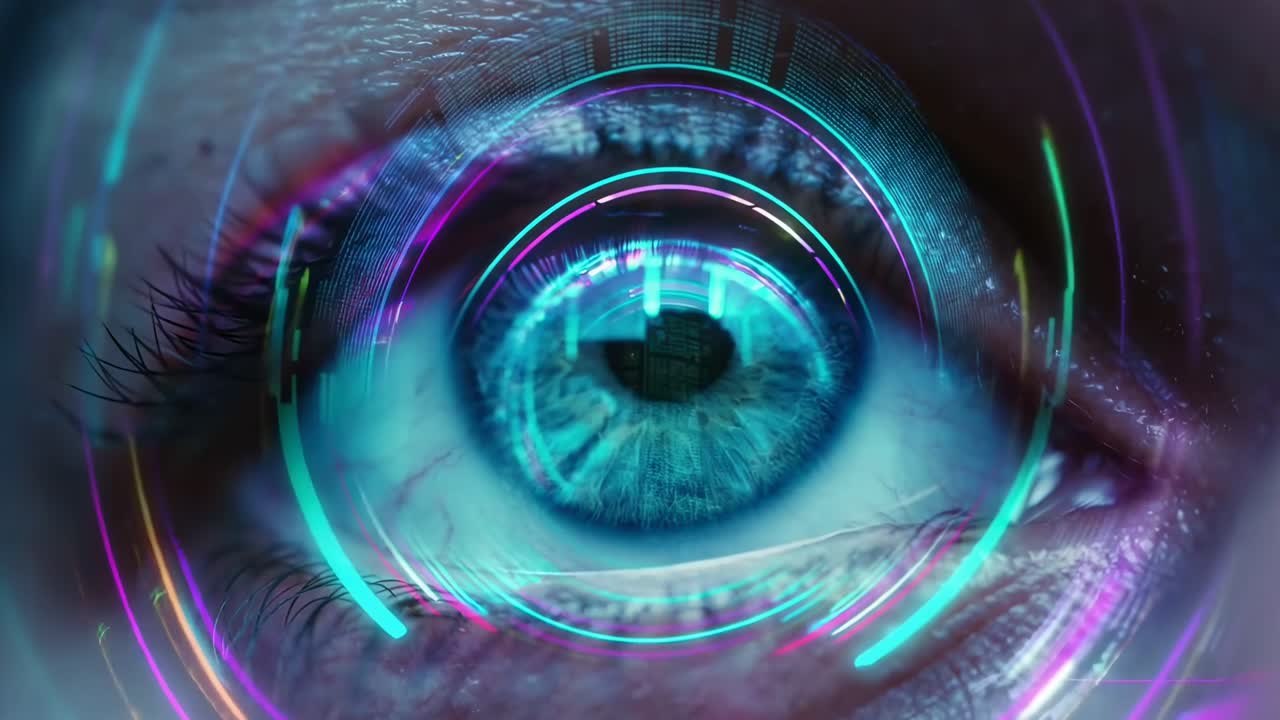 Close-up video of a human eye with digital neon reflections, creating a futuristic vibe