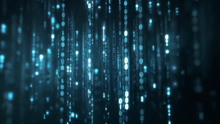 A mesmerizing visual representation of cascading binary code, depicting streams of illuminated bits against a dark backdrop, evoking a sense of digital immersion and technological wonder