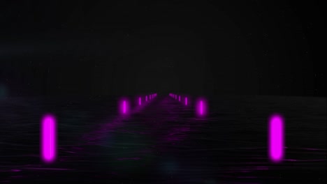 лететь через неоновый туннель, двигаться на модной подиуме, абстрактный фон, фонари, вертикальные огни, взлетно-посадочная полоса, пода, наводнение, виртуальная реальность светящиеся линии. ночь, темная анимация