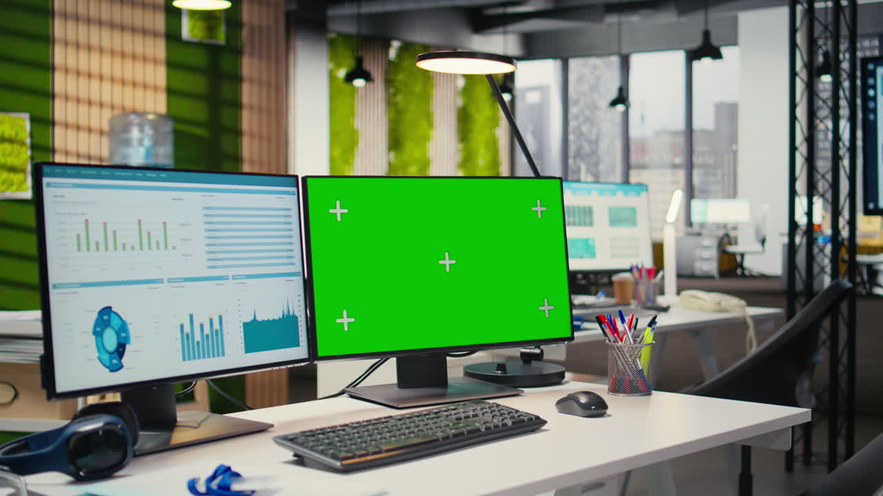 Modern empty office displays green screen on monitor at desk