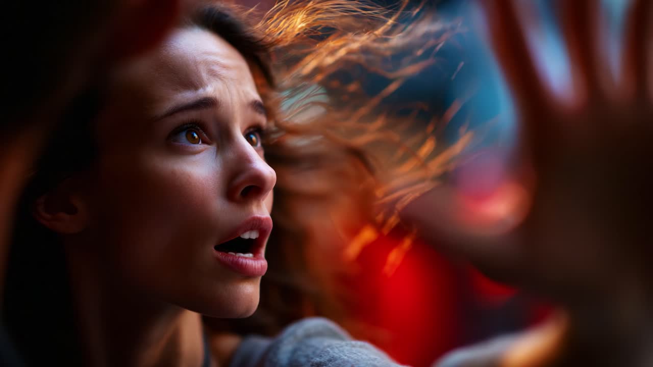 An Intense Moment of Emotional Turmoil Captured in Two Frames, Showcasing a Woman's Desperate Expression Amidst Flickering Colors and Cascading Hair, Evoking a Sense of Urgency and Drama