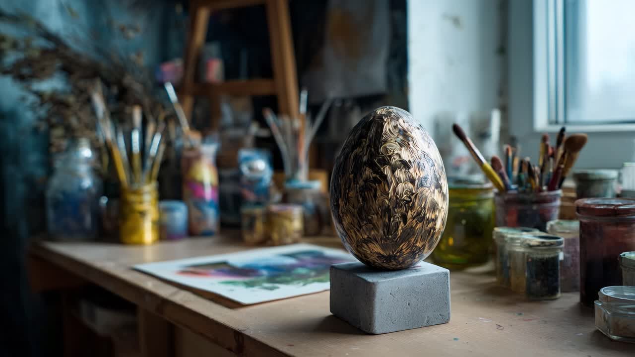 Intricate Artistic Egg Displayed on a Concrete Stand Surrounded by Colorful Paints and Brushes in an Artist's Workspace