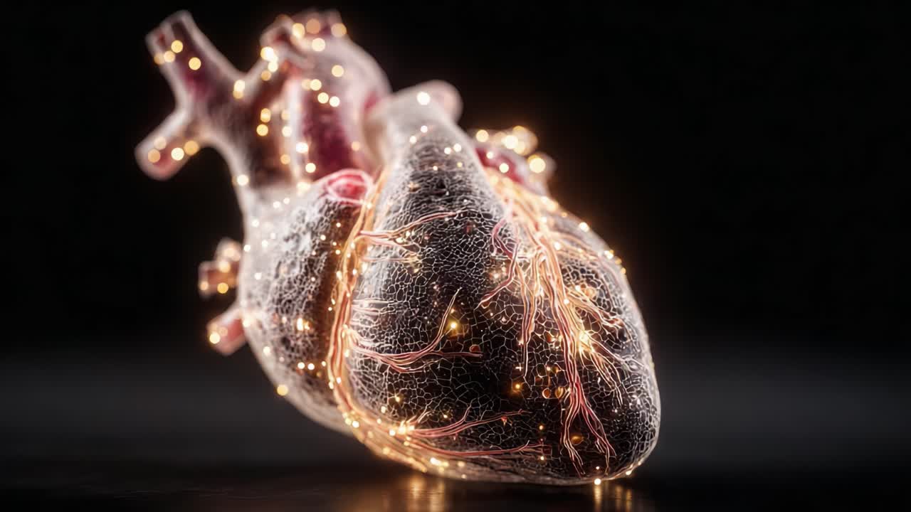 An Artistic Representation of a Heart with Bioluminescent Elements, Showcasing Intricate Veins and Vascular Structures in a Dark Background