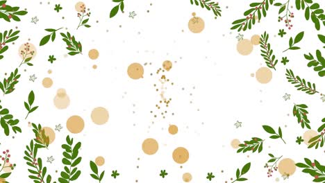 Animation-of-yellow-dots-on-white-background-and-green-leaves