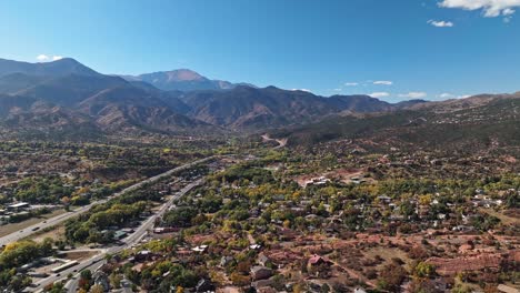 Panoramic-aerial-dolly-above-highway-and-community-of-Colorado-Springs-near-Garden-of-the-Gods