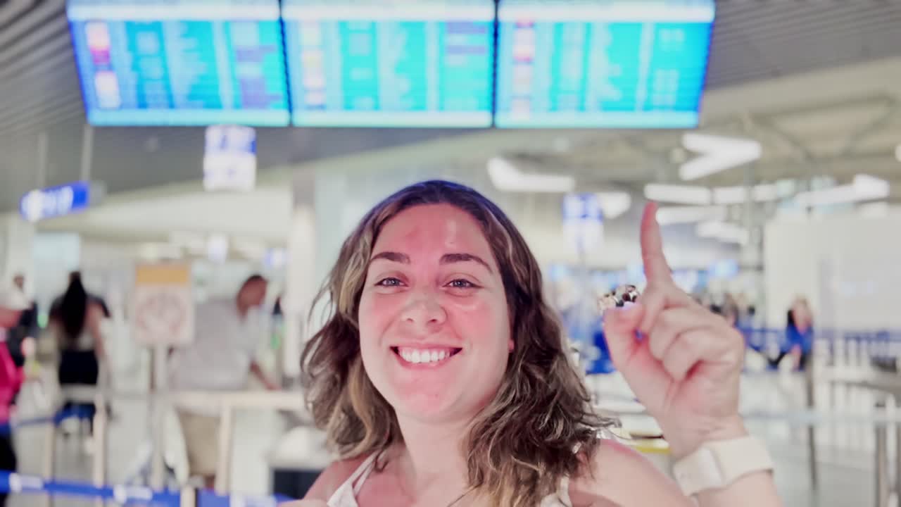 Woman at Airport, Smiling at Departure Screen Information