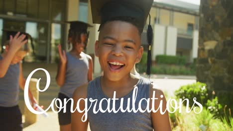 Animation-of-congratulations-text-over-happy-biracial-schoolboy-in-mortar-board-outside-school