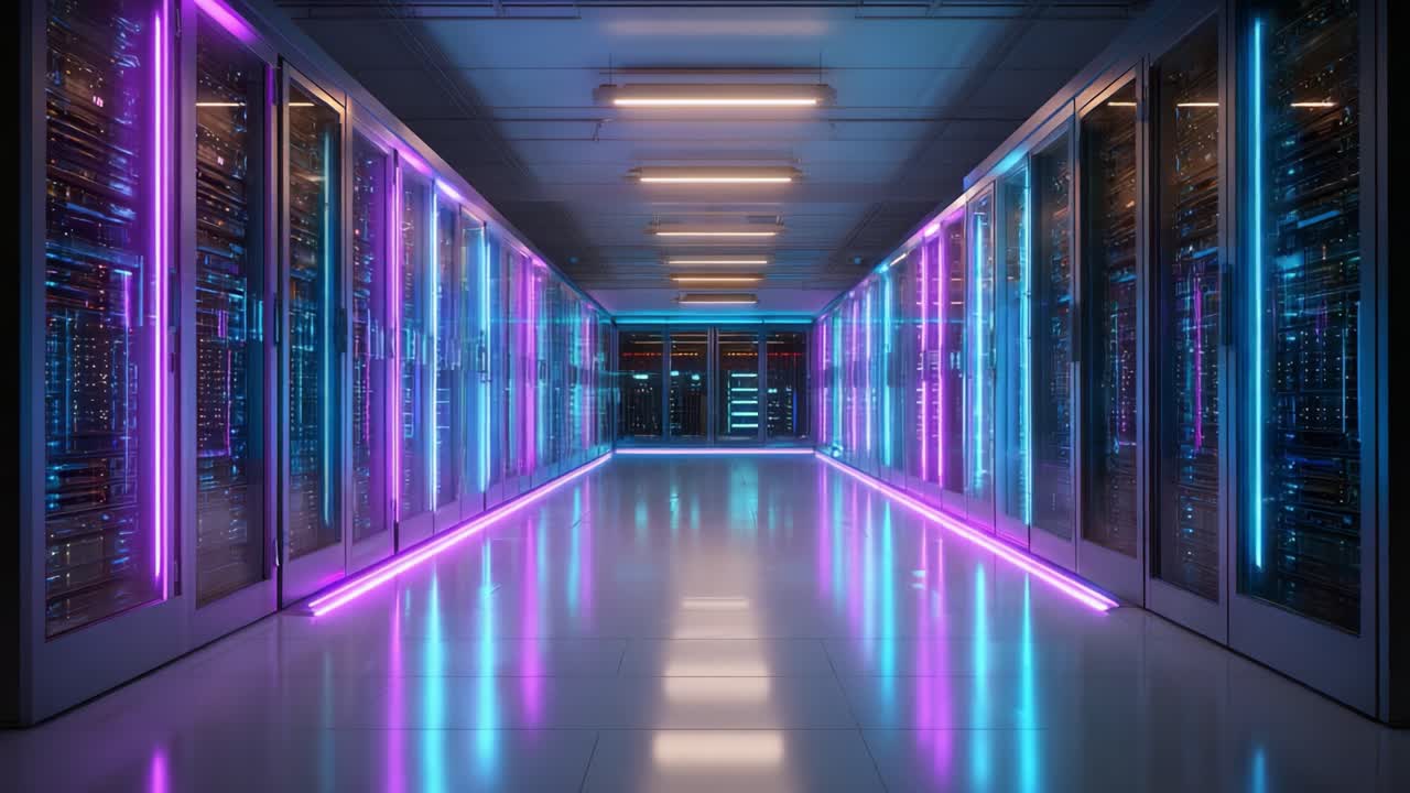 An Aesthetic View of a High-Tech Server Room with Glowing Neon Lights and Reflections Enhancing the Modern Technology Atmosphere Inside the Data Center