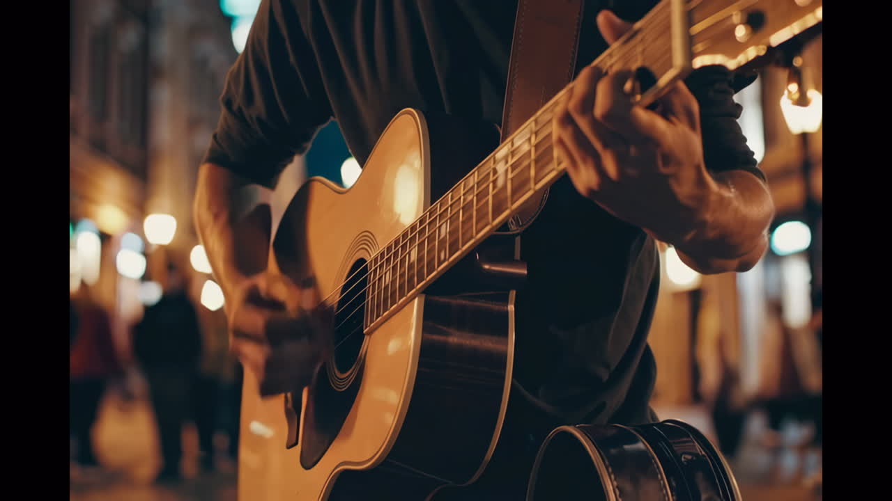 Musicista di strada che suona la chitarra acustica di notte