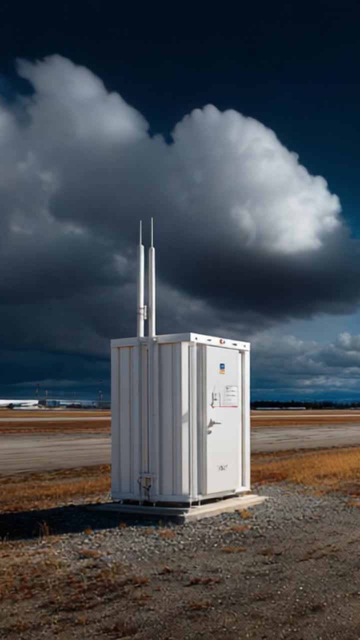 Una scatola di attrezzature bianca posizionata su terreno ghiaioso sotto drammatiche formazioni nuvolose vicino a una pista aeroportuale, catturando la tecnologia in un ambiente naturale.