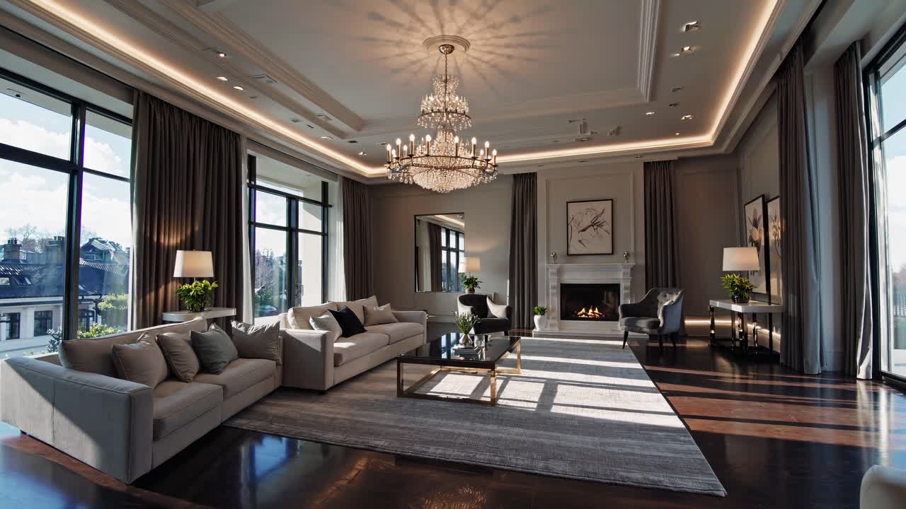 Wide-angle video captures a luxurious living room with elegant chandeliers, large windows, and plush
