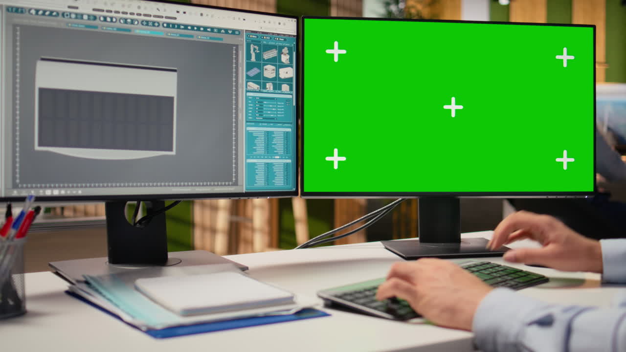 Closeup Of Technician Using Green Screen Pc To Create Solar Powered Device