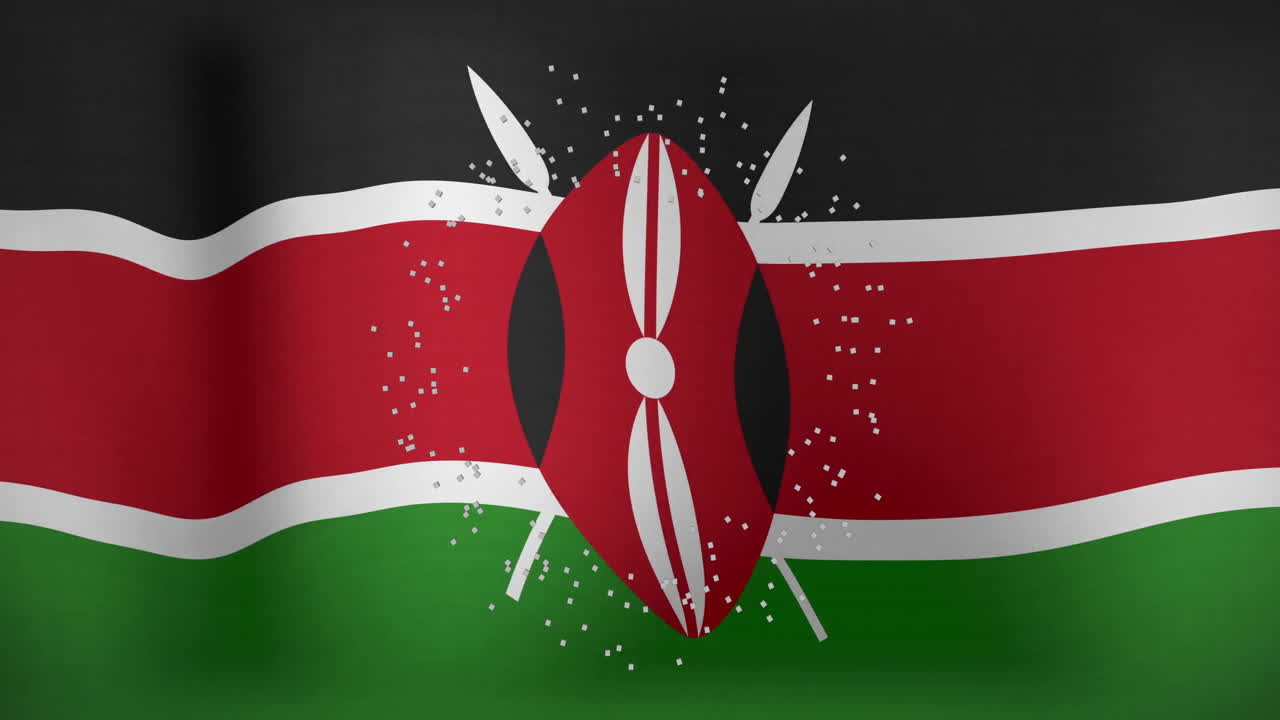 Animation of Kenyan flag with shield and spears, surrounded by white particles