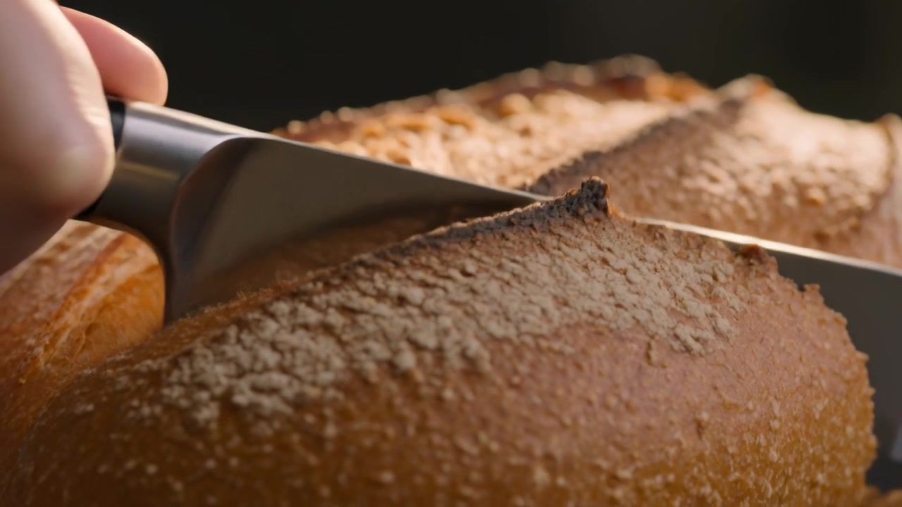 Slicing hand responding to serrated knife meeting crust, sawing loaf in kitchen, revealing crumbs