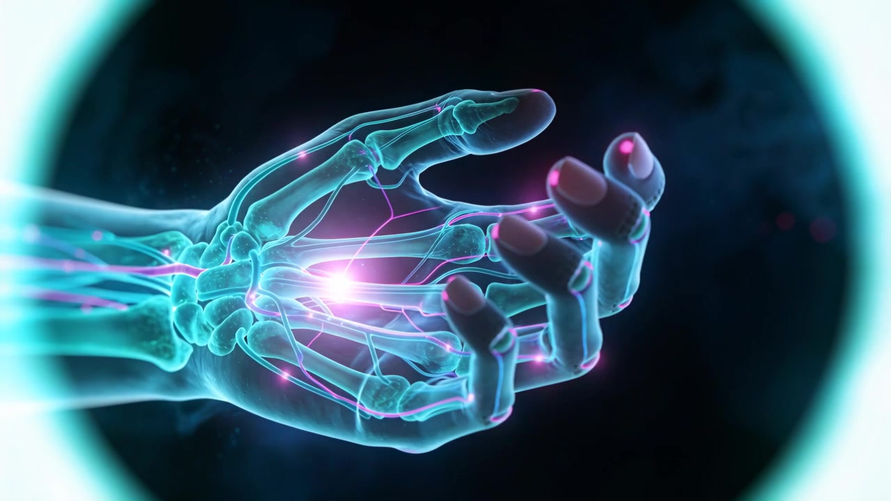 Mano scheletrica ciano animata in laboratorio che risponde a un impulso del palmo incurvandosi e illuminando nodi magenta.