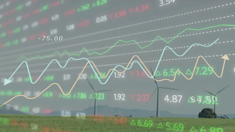 animation of stock market data processing over spinning windmills on grassland against grey sky