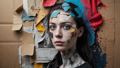 artistic portrait of a woman with collage and paint elements