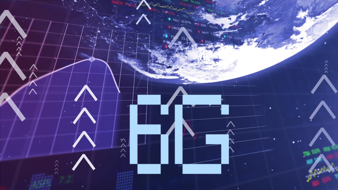 6g 텍스트 배너의 애니메이션, 통계, 주식 시장 데이터 처리 블루 배경에 전 세계에 걸쳐