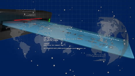 digital world map with data processing animation over blue grid background