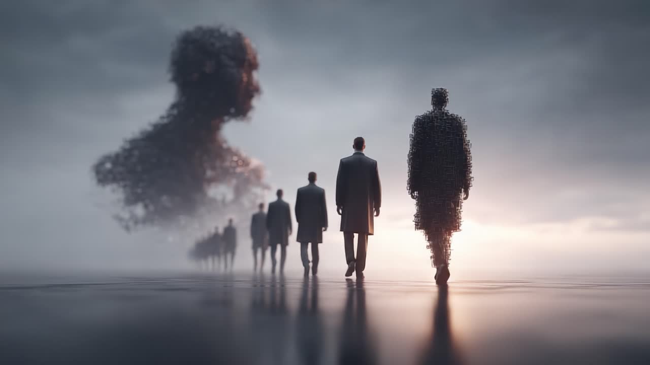 A Mysterious Journey: Figures in Dark Coats Walk Towards an Ethereal Human Figure Formed by Shadows in a Distorted Reality of Light and Emotions