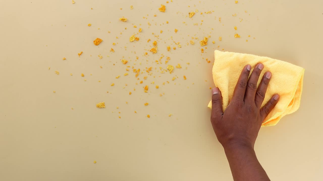 A hand cleaning up crumbs with a yellow cloth
