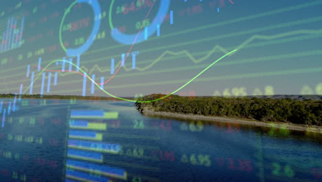animation of financial data graphs overlaying serene forest and lake landscape