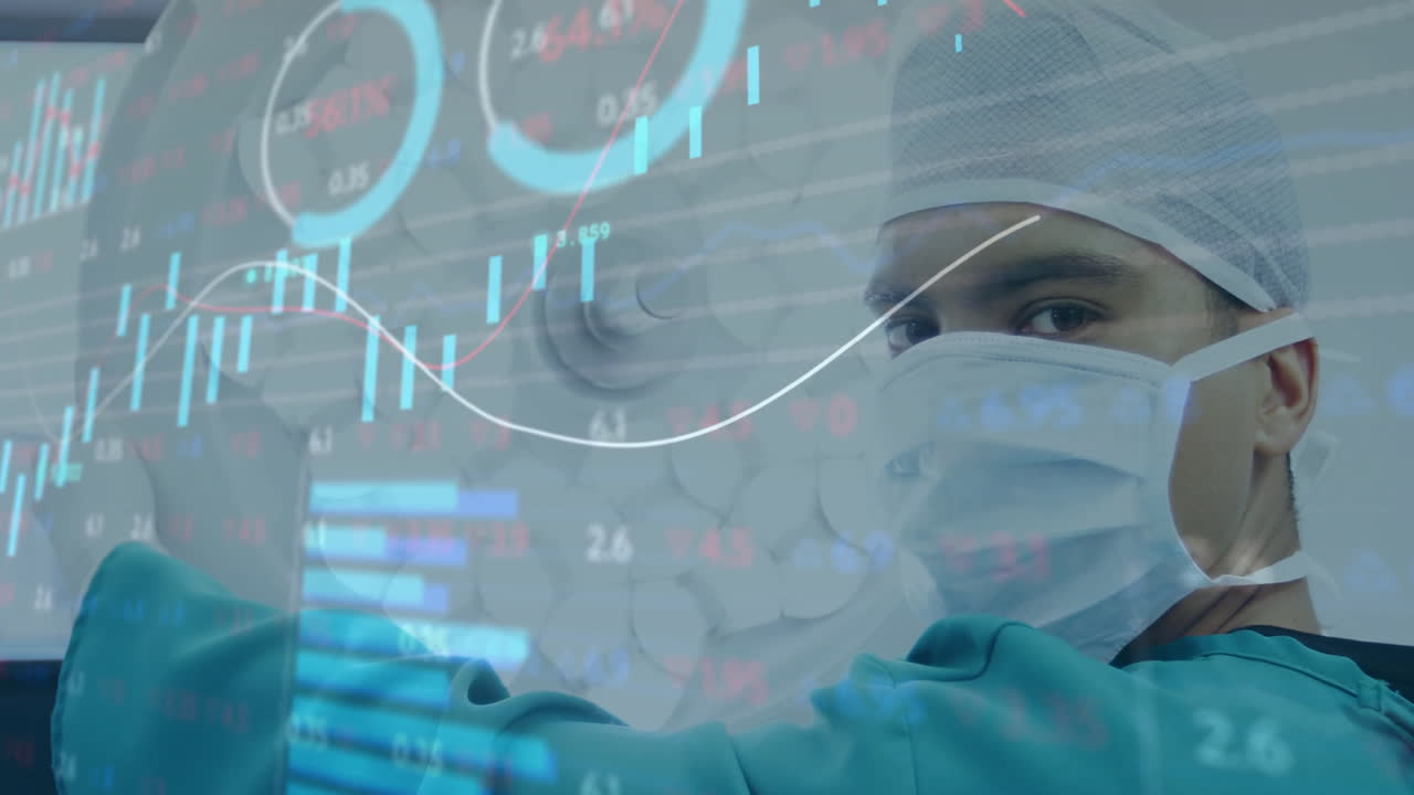 Animation of statistics and data processing over caucasian male surgeon