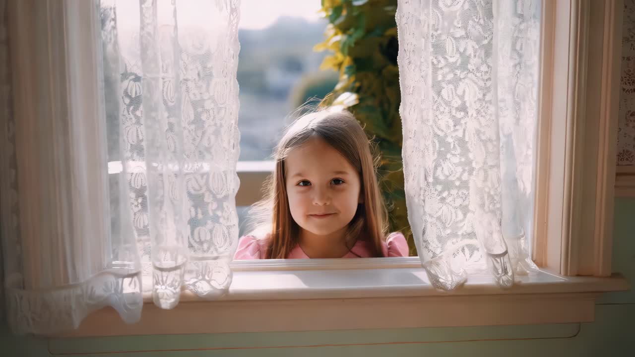 una chica adorable mirando a través de una ventana con cortinas de encaje