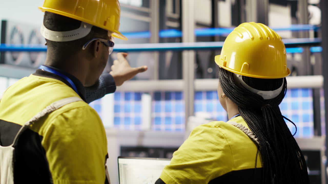 Vertical video IT staff members overseeing solar panel production lines equipment