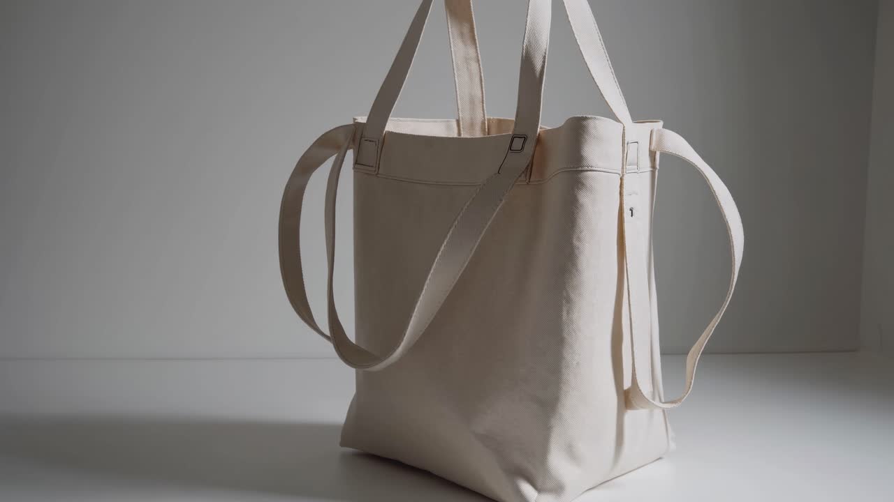 Borsa tote minimalista illuminata da luce soffusa, ripresa da un'angolazione laterale.