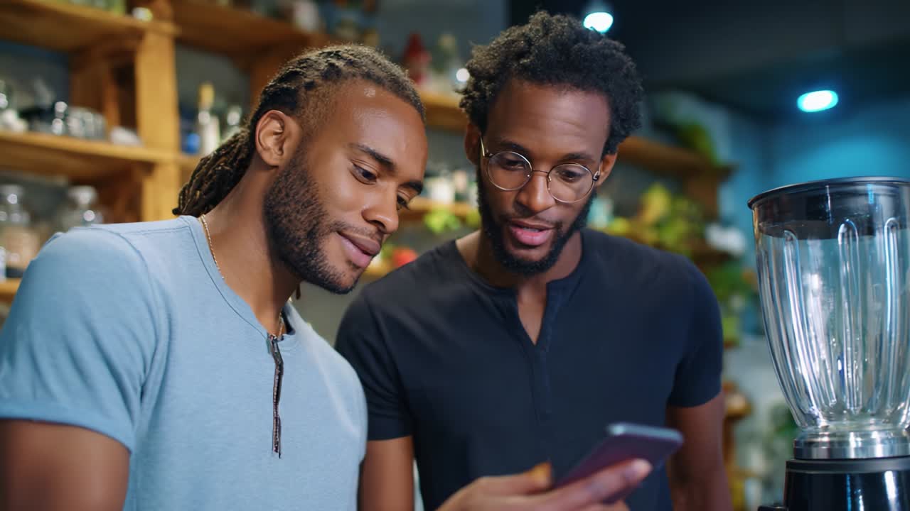 Two Men Engaged in a Friendly Discussion Over a Smartphone at a Cozy Café Setting, Highlighting the Importance of Communication and Connection in a Relaxed Environment
