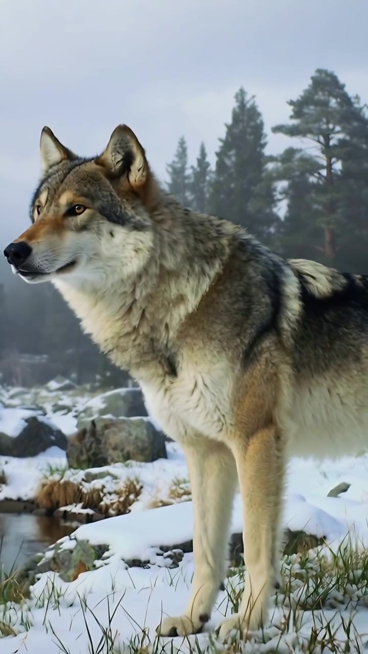 Vertical video: Camera tightening, gray-brown wolf lifting head and scanning snowy bank with stream
