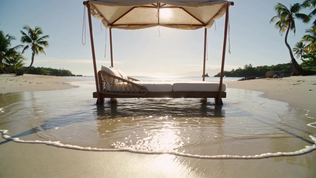 Inkommande vågor knuffar en himmelssäng på stranden, bildar en grund pool med vita dynor och kuddar.