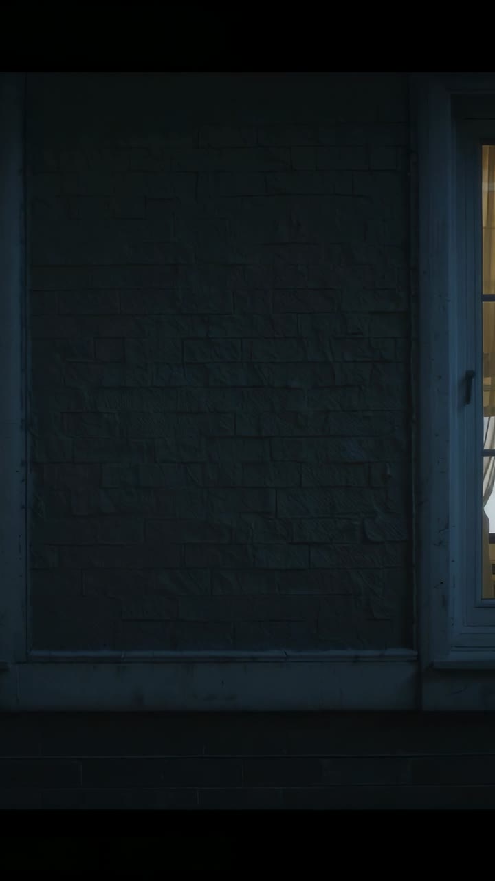 Vertical video: Holding steady, camera capturing textured wall at night showing lit window chair