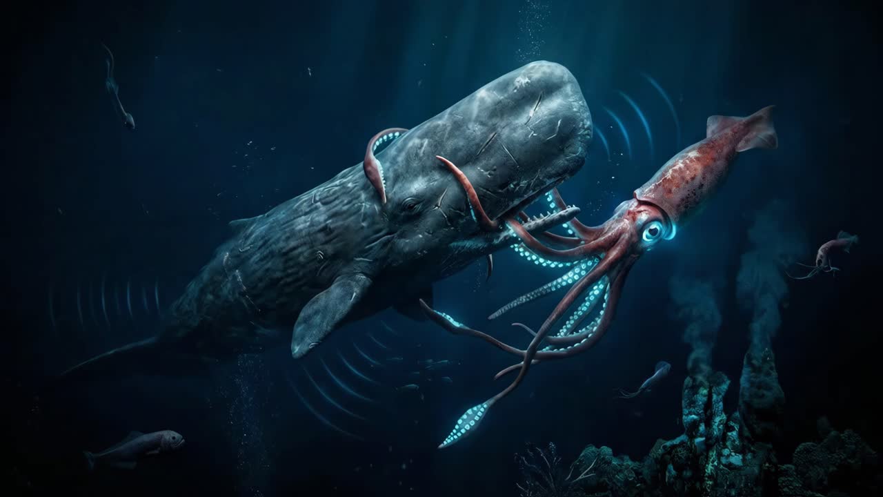 Baleine et calamar sous l’eau