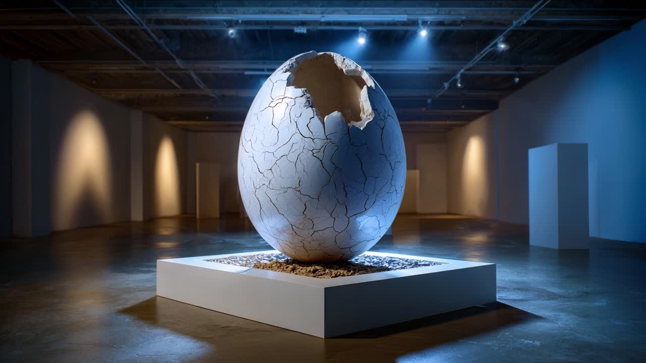 Una splendida rappresentazione artistica di una grande scultura di uovo incrinato, che ne evidenzia i dettagli intricati e l'ambiente museale circostante dopo che si è parzialmente frantumata.