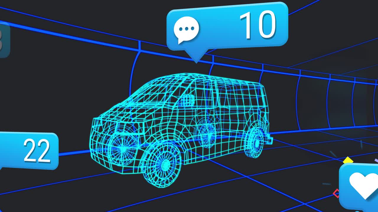 On thumbs-up icon appearing, 3D van occupying dark grid tunnel while visualizing engagement metrics