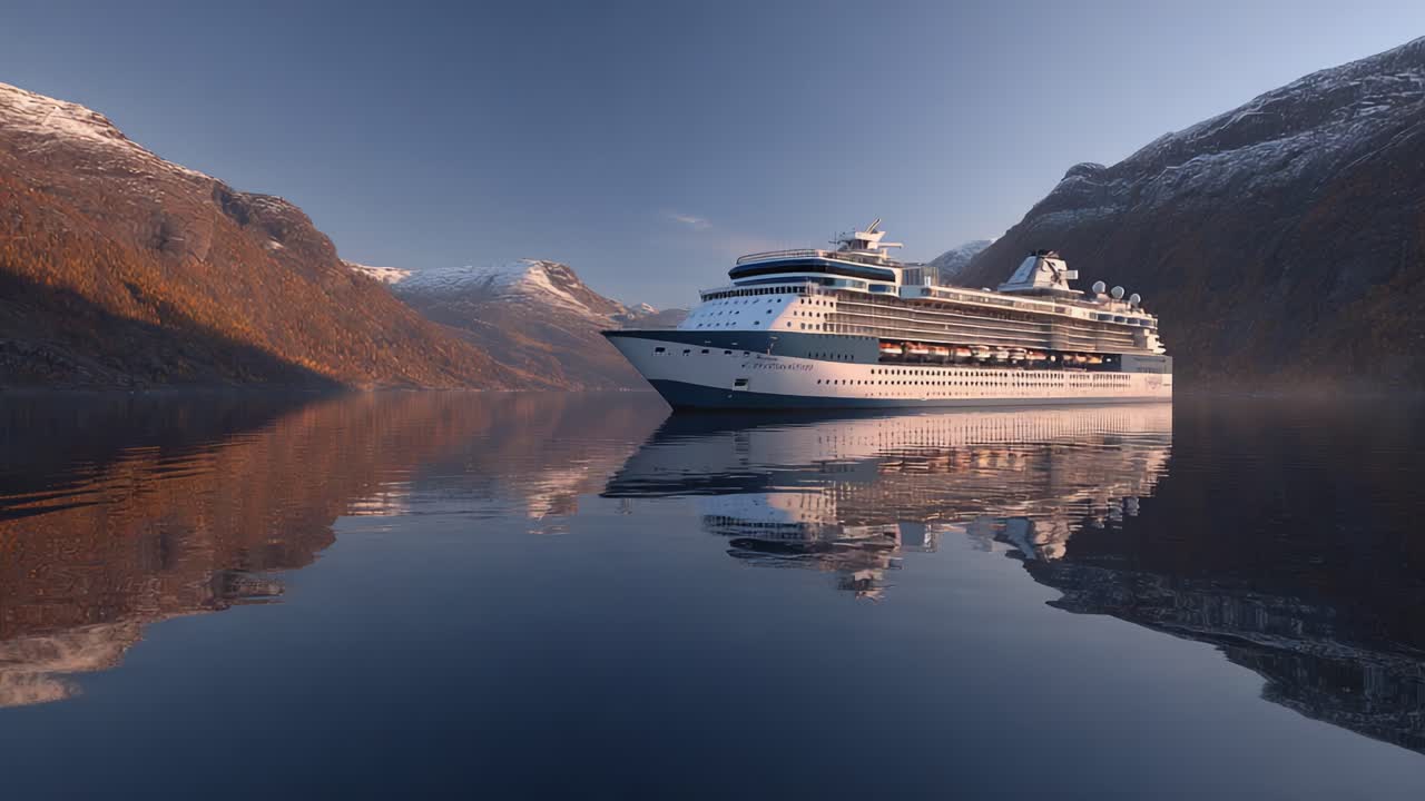 Et majestætisk krydstogtskib ankret op i roligt vand omgivet af betagende bjergkæder og reflekterende ro i det tidlige morgenlys