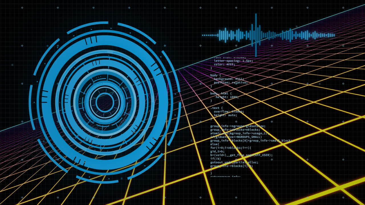 Animation of data processing and scope over dark background