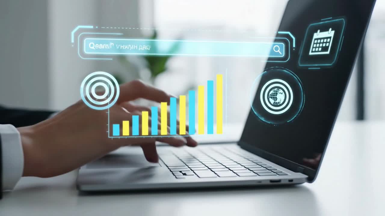 Business person researching online with a futuristic search bar and data chart
